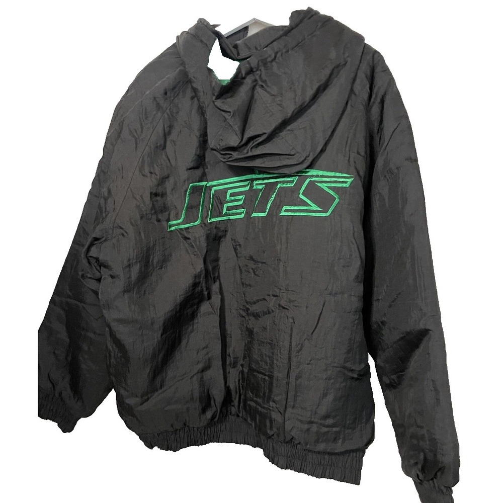 Vintage 90s New York Jets NFL Game Day Puffer Jacket XL Black Green Hooded Coat - Picture 7 of 9